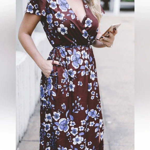 Banana Republic Burgandy Blue Floral Faux Wrap V-Neck Maxi Dress Size S - Picture 3 of 10